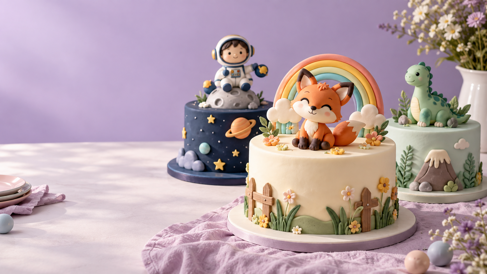 Tiga mahakarya tart karakter Maison du Choux: Tema Luar Angkasa, Rubah Pelangi Taman, dan Dinosaurus Mungil